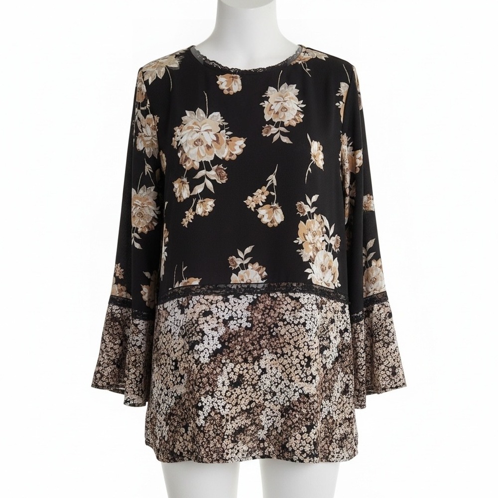 Susan Graver XL Floral Mixed Print Lace Trim Tunic Blouse Bell Sleeve A367764